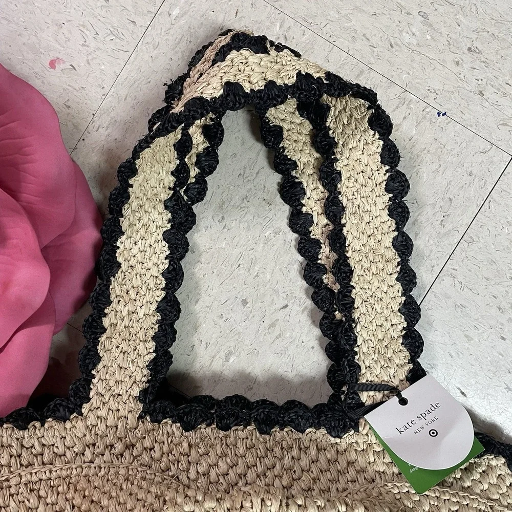 KATE SPADE x TARGET Raffia Bow Tote‎ Bag Woven Natural Black Boho Romantic Vacay